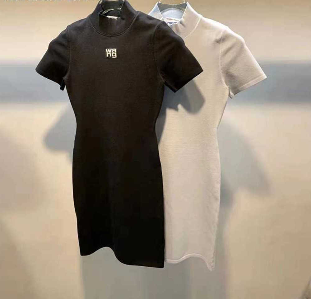 

Dawang's half collar designer Alexander women's dress summer solid color embroidery wangs slim fit waist bag skirt short sleeve knitted Classic design 33ess, Black