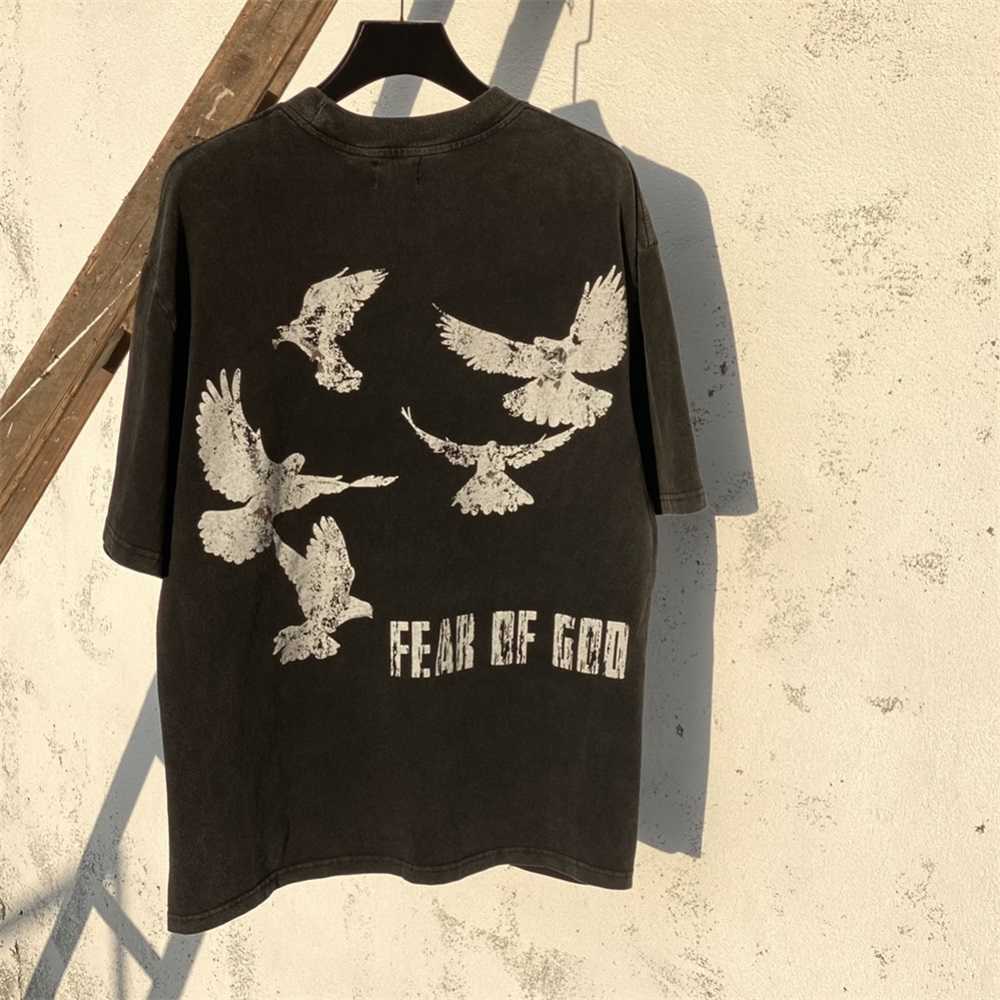 

ESS Tees T-Shirts fashion clothing FEARs OF GOD SAINT MICHAEL Holding Rose Co branded FOG White Pigeon Print High Street Wash Vintage Short Sleeve T-shirt Summer, Wash black
