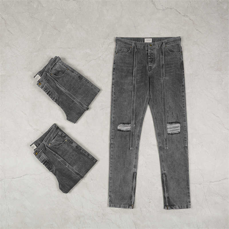 

ESS mens jeans Luxury Designer pant FOG FEARs OF GOD Double Thread ESSEN Mens Womens Couple Trouser Feet Zipper Hole Denim Pants Trend, Gray