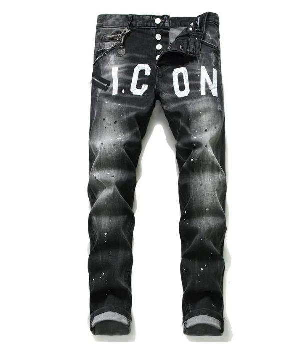 

European and American men's jeans Dsquare hole patch paint dot jeans d2 men's denim jeans slim fit elastic embroidery pants fashion swing paint men's clothing jeans, 18
