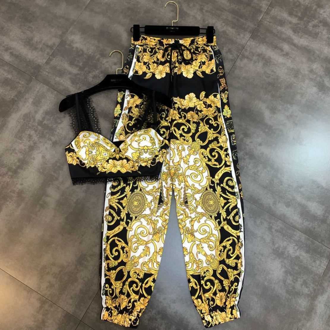 

Dew Versage Long vercace Navel Summer Two Yellow Floral Camis Print Pants Lace Piece Short Women Sets MF874 NZ6F, As photo