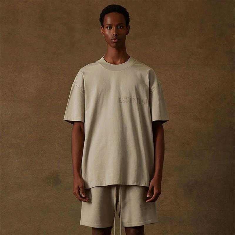 

ESS Tees T-Shirts fashion clothing FEARs OF GOD ESSEN Letter Flocked Mens Womens Loose Round Neck Popular Short Sleeve T-shirt, Ash