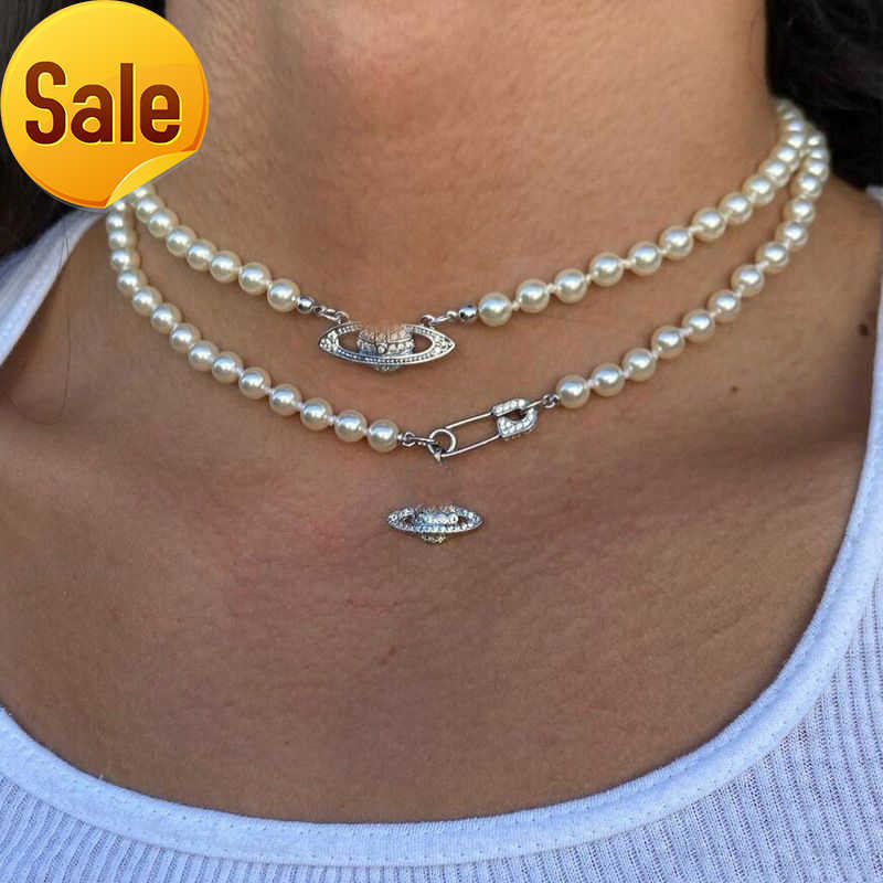 

Luxury Designer Short Pearl Rhinestone Orbit Necklace Clavicle Chain Baroque Pearl Choker Necklaces for Women Jewelry Gift
