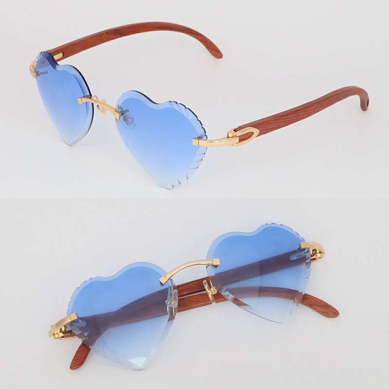 

Wholesale Floating frame Rimless Sunglasses for Woman Original Wood Sun glasses Luxury Peach Heart Model male and female diamond Cut Wooden Sunglasses Hot