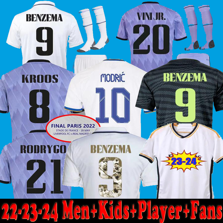 

22 23 24 Player Version Fans Soccer Jerseys Final BENZEMA Real Madrids RODRGO camiseta 2023 2024 VINI JR CAMAVINGA TCHOUAMENI football shirt kids camiseta de futbol, 22 23 home u c l patch fans