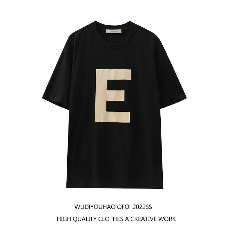 

ESS Tees T-Shirts Luxury Designer fashion clothing FEARs OF GOD ESSEN large e flocking fog short sleeve t-shirt Mens Womens high street lovers, Black