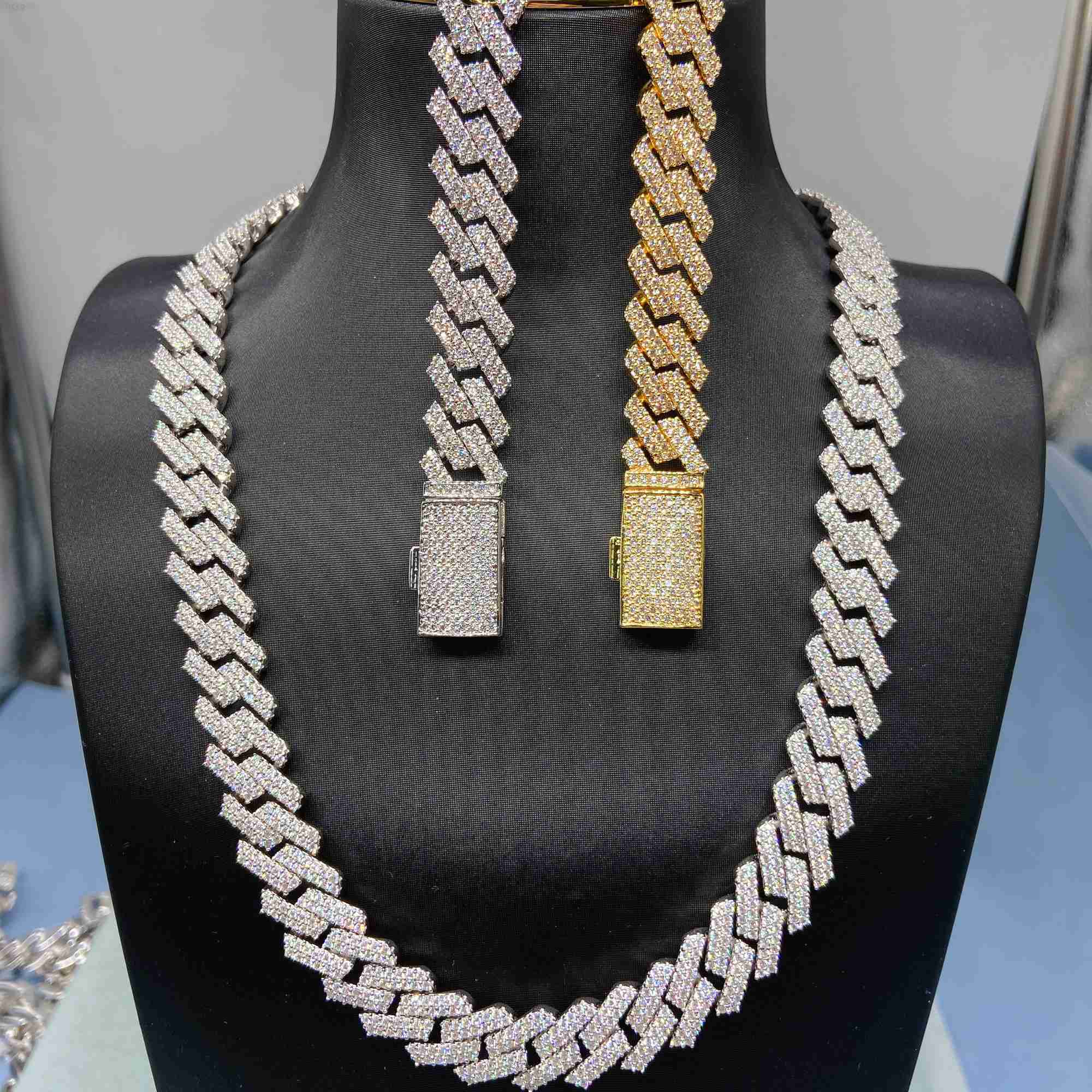 

10mm 12mm 13mm 14mm 15mm Two Rows Moissanite Necklaces Hip Hop Iced Out Jewelry Sterling Silver Trendy Men Cuban Chain Necklace