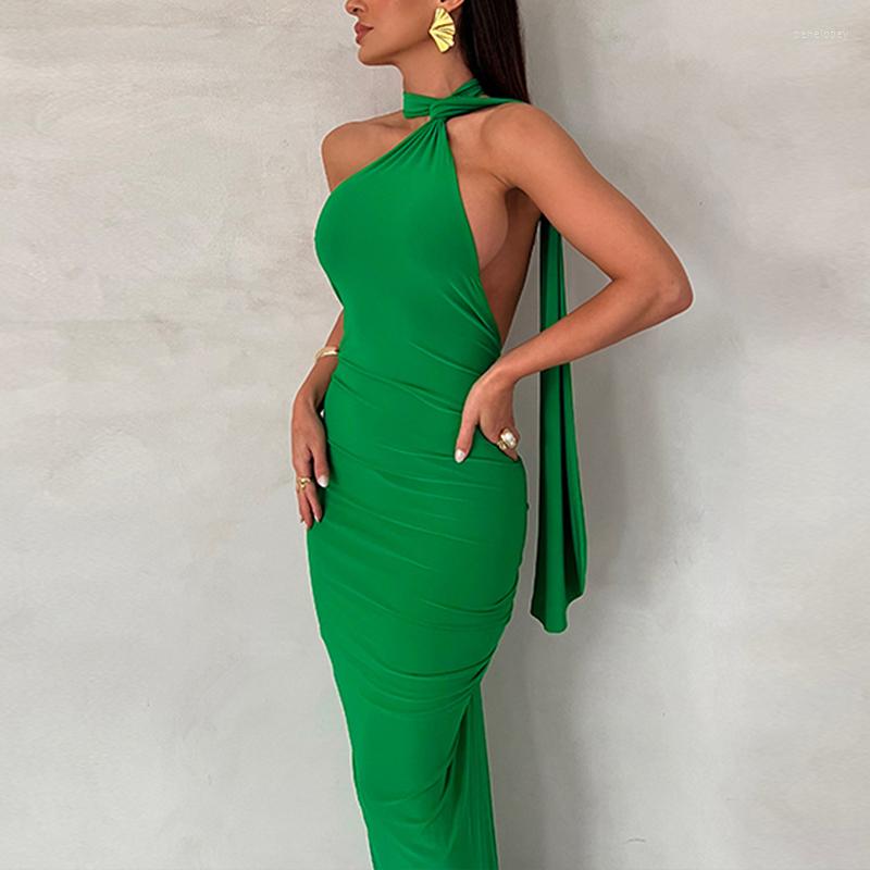 

Casual Dresses 2023 Women Black Sexy Summer Scarf Collar A-Line Backless Evening Maxi Dress Party Club Peach Hip Elegant Long Folds