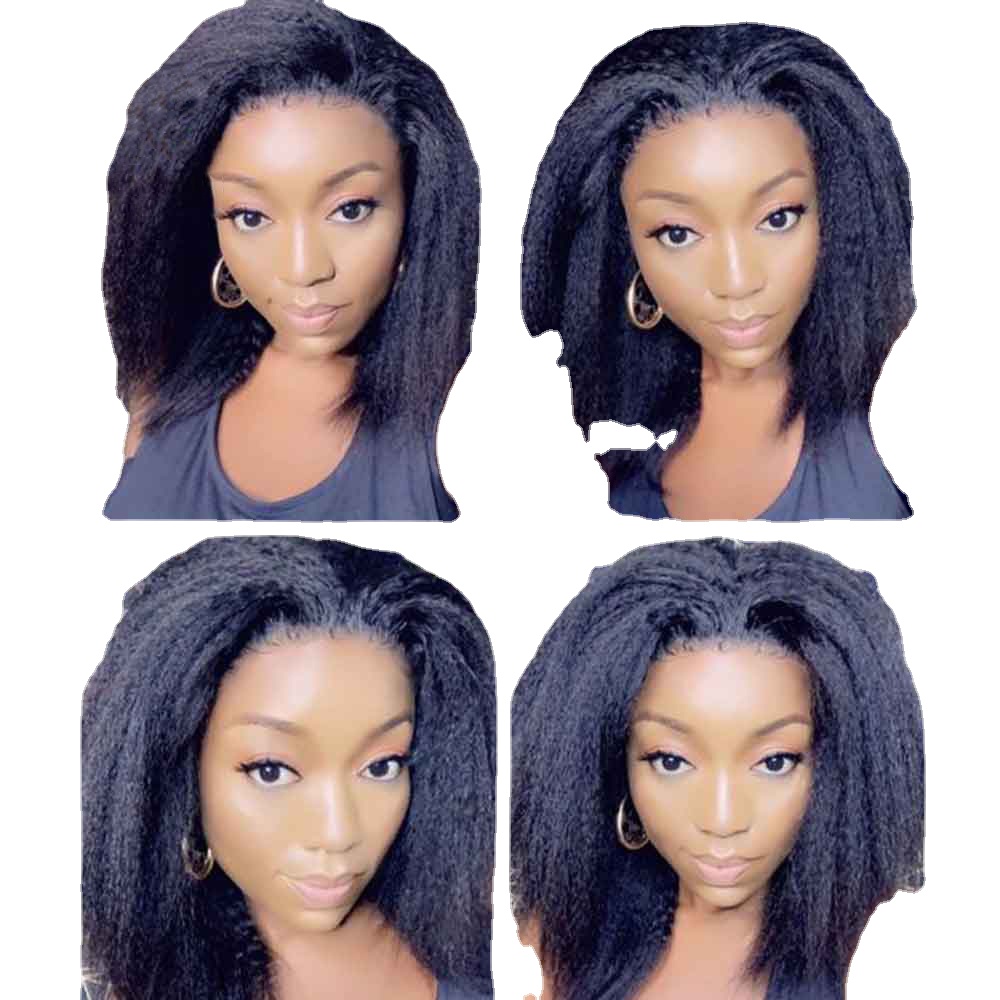 

Hot Short Cut Bob Middle Part Preplucked Soft Yaki 180 Density Kinky Straight Natural Black Lace Front Wig for Women Babyhair Daily
