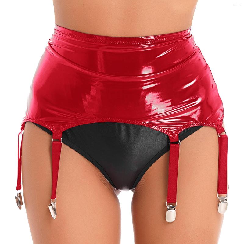 

Garters Lady Wet Look Patent Leather With Metal Clips Lingerie Nightwear Rave Party Club Pole Dancing Stage Performance Costume, Black