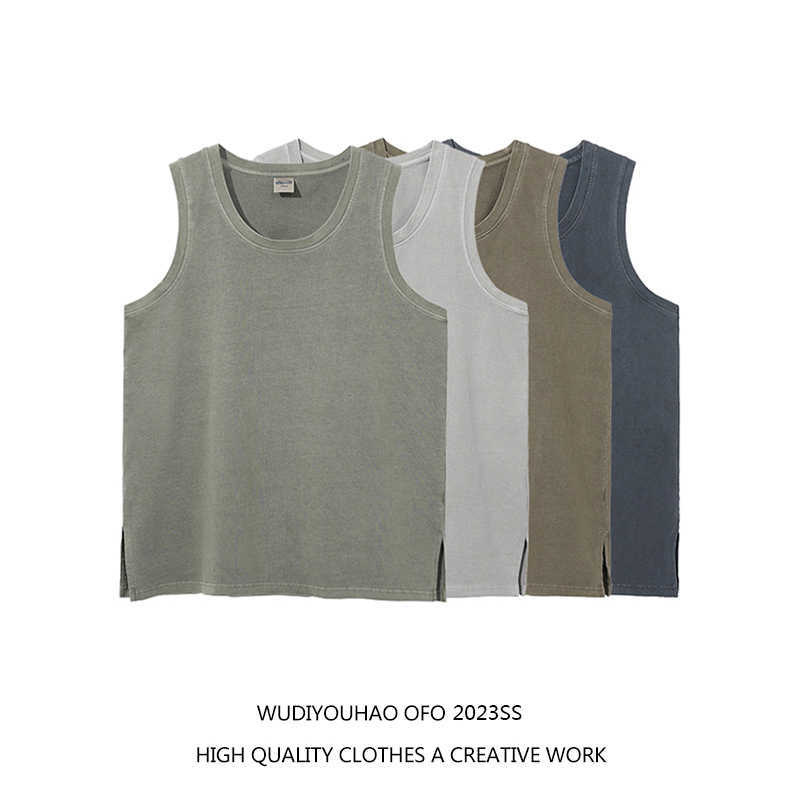 

ESS Tees T-Shirts Luxury Designer fashion clothing FEARs OF GOD FOG275 grams American style hem split wash water made old camisole vest for Mens Womens, Retro light grey