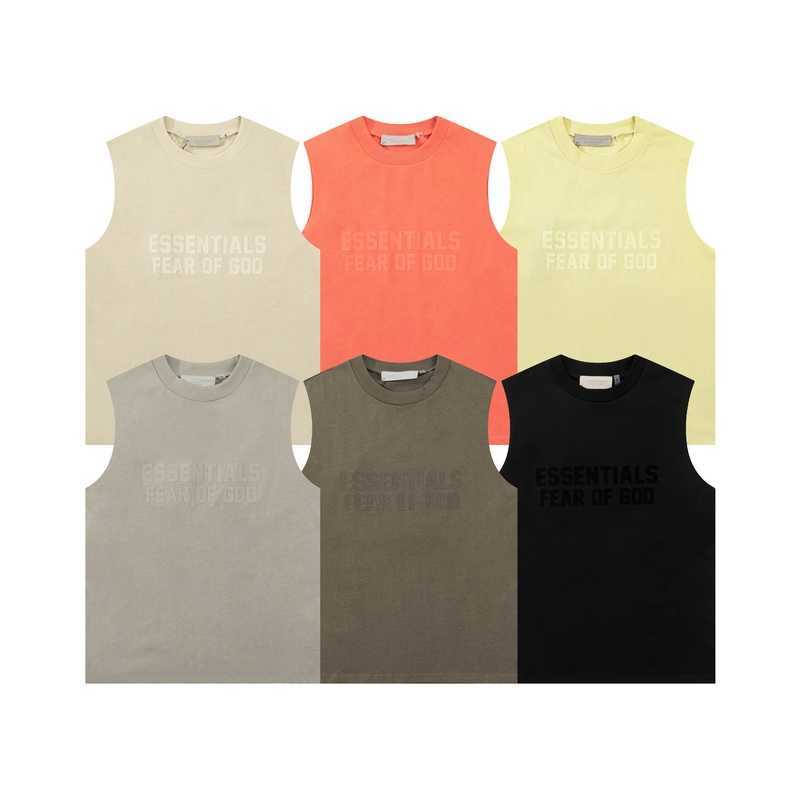

ESS Tees T-Shirts fashion clothing FEARs OF GOD FOG New ESSEN Flocked Letter Tank Top High Street Loose Shoulder Men's Women's Round Neck Sleeveless T-shirt, Brown