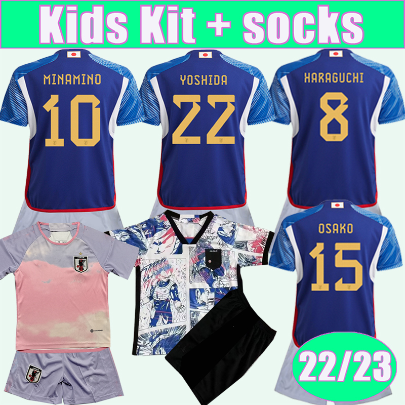 

22 23 Japan Kids Kit Soccer Jerseys OSAKO YOSHIDA NAGATOMO SHIBASAKI HARAGUCHI MINAMINO KUBO Home Away Football Shirt Uniforms, Tz11535 22 23 home no socks