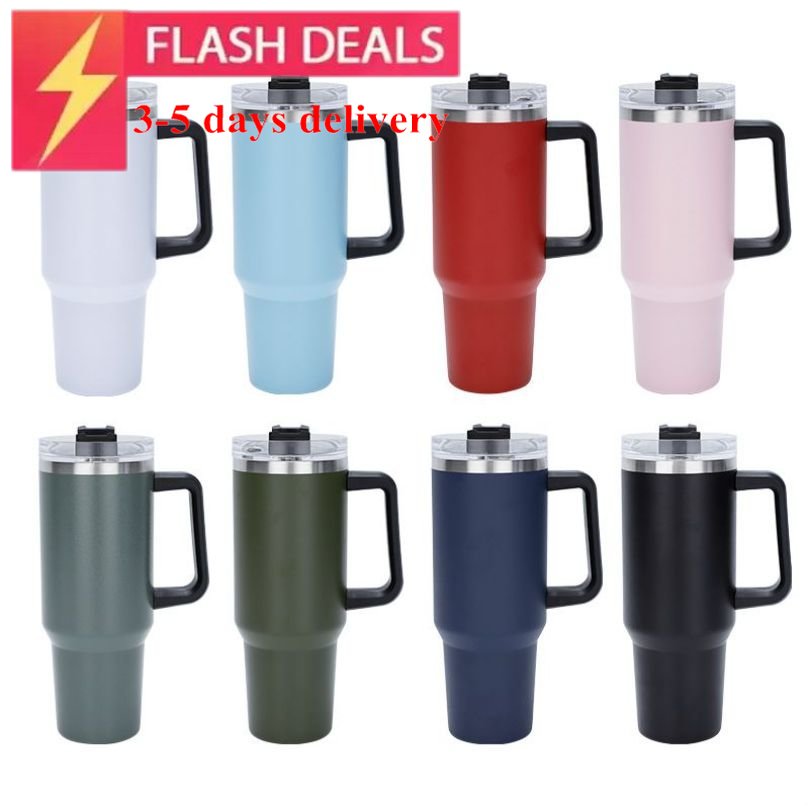 

40oz St logo Stainless Steel Tumbler with Handle Lid Straw Big Capacity Beer Mug Water Bottle Powder Coating Outdoor Camping Cup Vacuum Insulated Drinking Tumblers, Pink