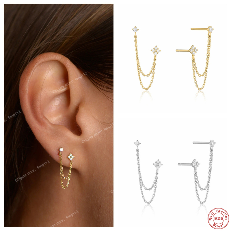 925 Sterling Silver Four Zircons Flower Stud Earrings For Women Double Studs Chain Tassel Piercing Earring 18K Gold Plated EarringsStud Earrings