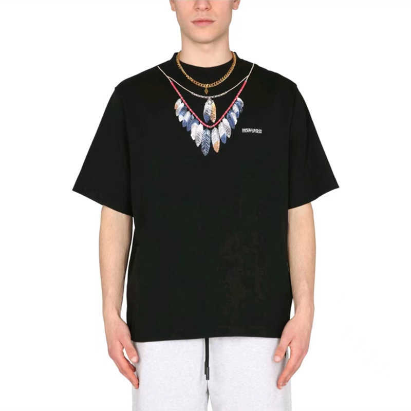 

Designer Marcelos Burlons Double Strap Chain Feather Pendant Print Loose Men's and Women's Short Sleeve T-shirt Trendy JFDL, White4