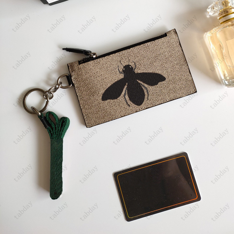 

2023 Men and Women designer Credit Card Holders Four Card Slots One Zipper Bay Card Bag with Metal Keychain and Shoulder Strap Zero Wallet, Bee