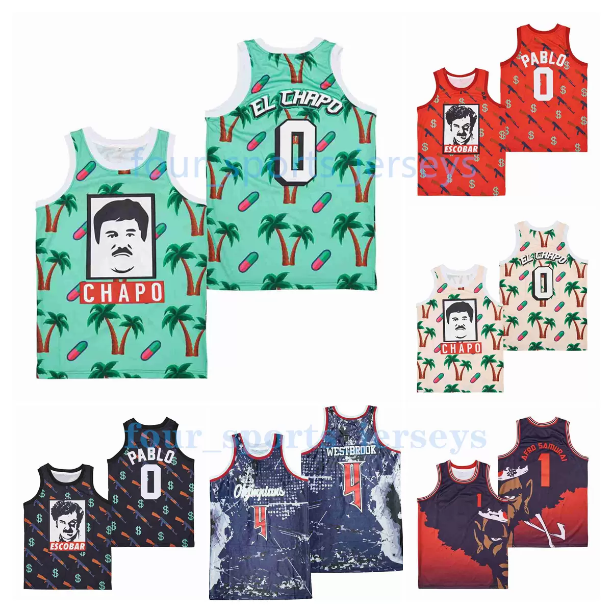 

NCAA Movie Basketball Jerseys El Chapo Greenery Pablo Escobar Afro Samurai Russell Westbrook Men Size S--XXL High Quality White Black, As picture