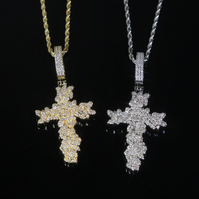 Iced Out Cross Flower Necklaces Pendant Gold Color Plated Bling Cubic Zircon Full Paved Women Men`s Hip Hop Jewelry