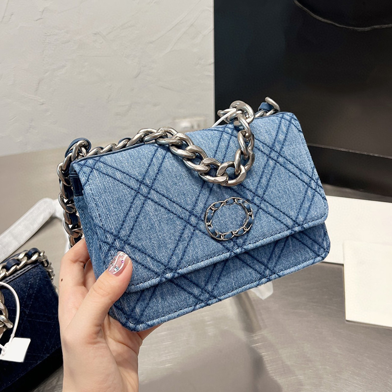 

French Womens Denim Bags 19 Series WOC Quilted Cross Body Shoulder Wallet With Chain Totes Famous Luxury Designer Purse Clutch Mini Handbags Blue 19CM With Silver, Box