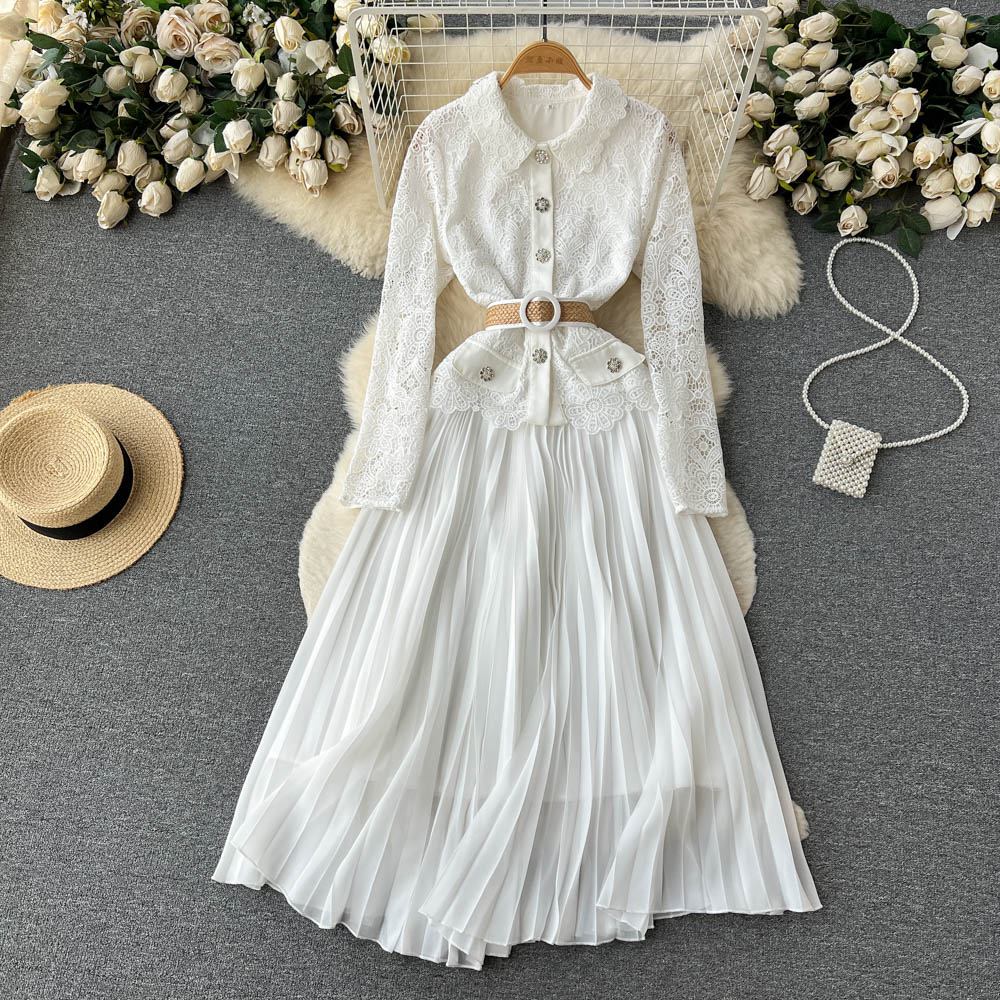 

Casual Dresses Spring Summer Party Lace Elegant White Dress Women Office Long Sleeves Hollow Out Pleated Dresses A-line Belt Patchwork Maxi Vestidos 2023, Same as picture