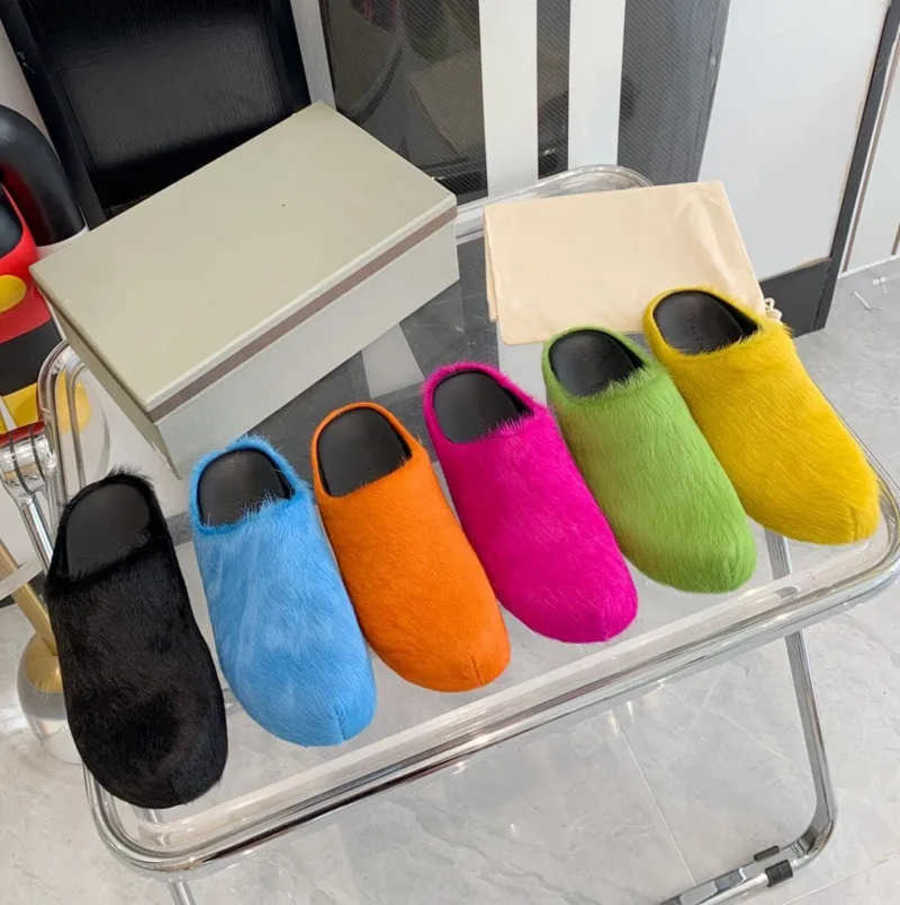 

2023 Fashion Fur Slippers Women Men Round Toe Marn Horse Hair Slides Female Mohair Black Rose Red Green Mules Shoes Flat Half Slipper Casual plush shoes 35-45, Mshh44-3