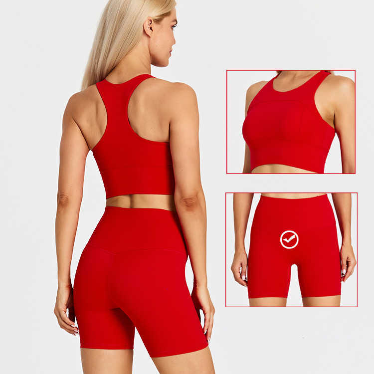 

Yoga Outfit Lulu 2 pcs Sports Set Exercise Biker Short 5" No Center Seam Exercise Running Fitness Back Waist Short Sports Gym Workout Short lululemens, Watermelon red set