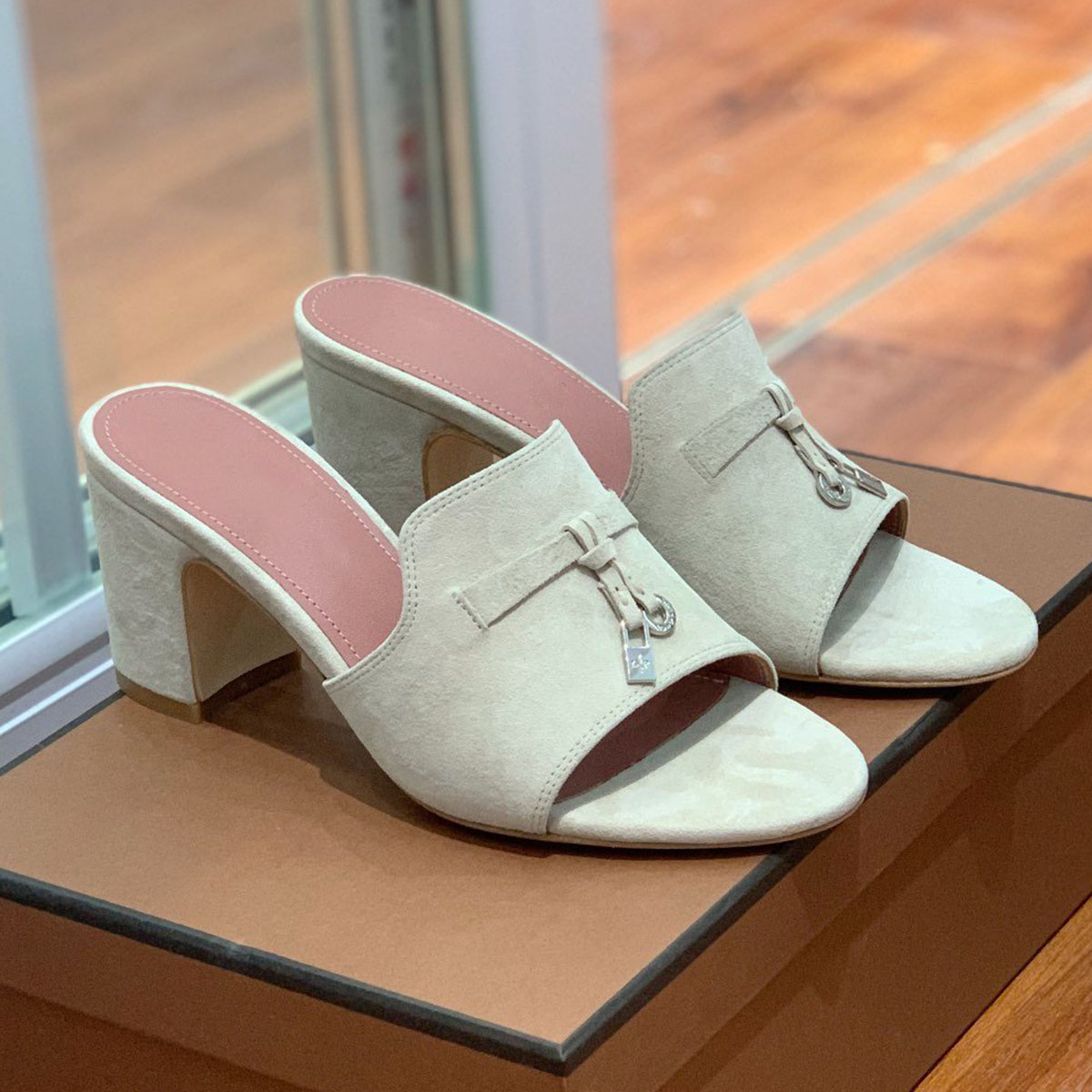 

LP PIANA Summer Charms suede Mules Slippers Slides heeled chunky block heels women Luxury Designers Genuine leather outsole Casual Evening shoes factory footwear, Red