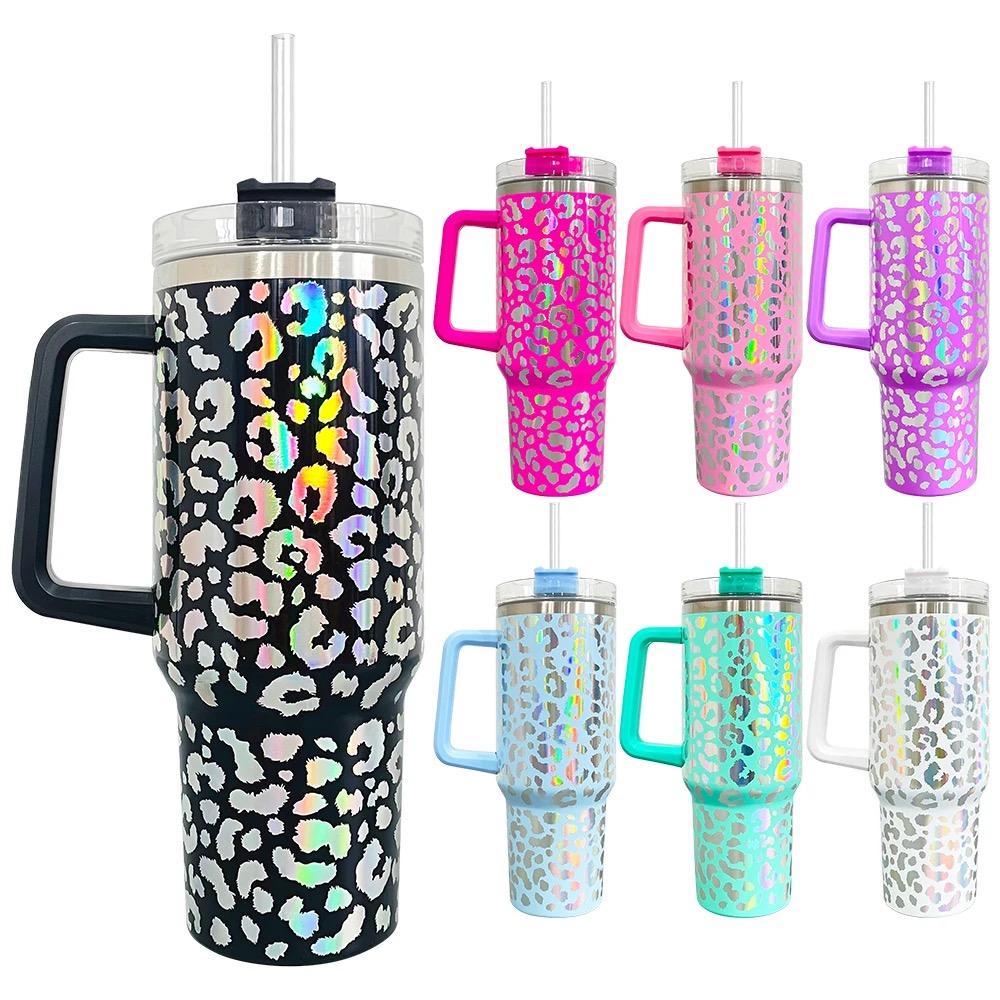 

40oz Holographic Leopard print Tumbler with Handle and Straw Stainless Steel Insulated Laser Travel Mug Tumbler Insulated Tumblers Keep Drinks Cold wholesale, Multi-color