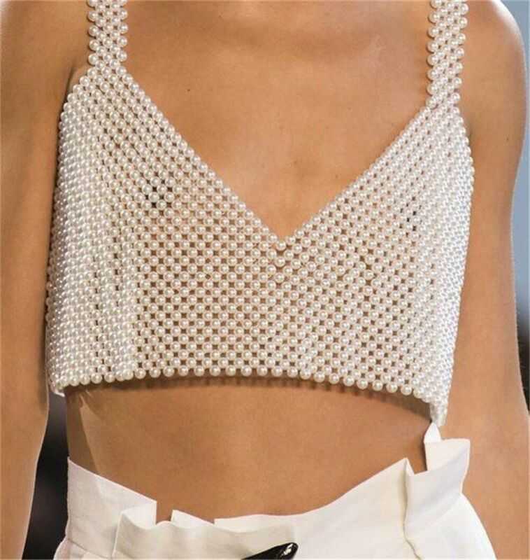 

Women's Tanks Camis 2022 Women Ladies White Beaded Pearls Bralette Bra Tank Bustier Vest Crop Top Artificial Pearl Bra Top Chainmail Jewel Vest Tops W0417