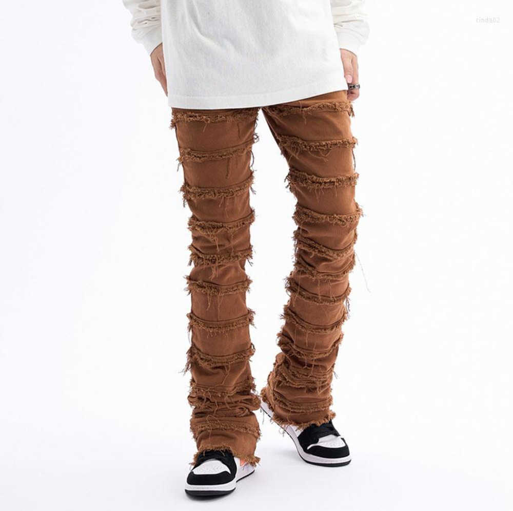 

Men' Jeans Mens Streetwear Striped Tassel Frayed Straight Baggy Jean Pants Male Female Solid Color Casual Denim Trousers Supermess, Brown