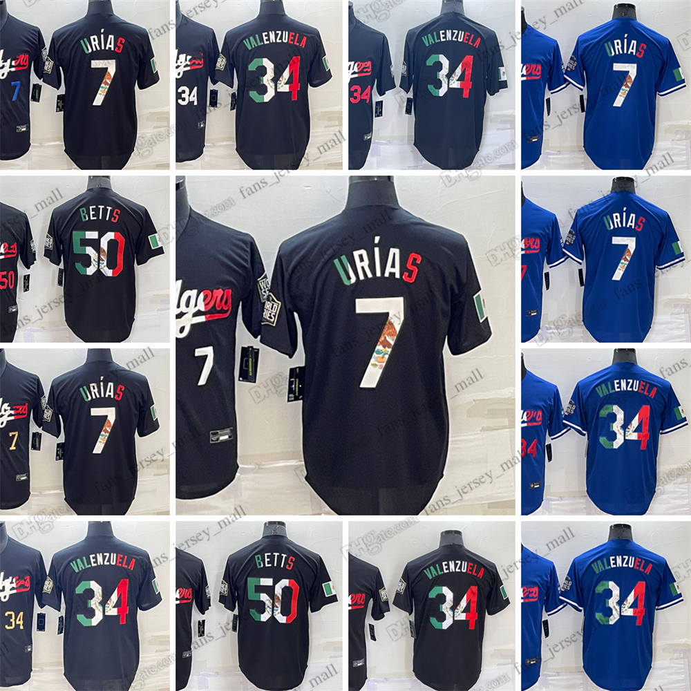 

7 Julio Urias New College Baseball Wears 50 Mookie Betts 34 Fernando Valenzuela Dodgers City Black Blue Blank Stitched Jerseys, As picture
