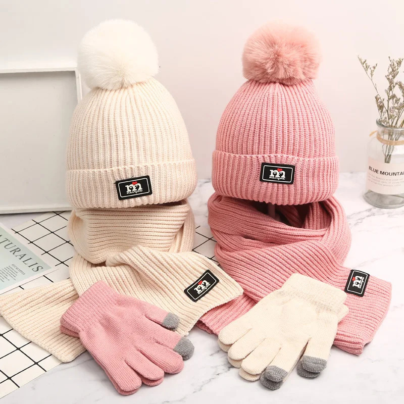Caps Hats 3pcs Children Hat With Scarf Glove Set Autumn Winter Warm Knitted Hat Mittens Suit Toddler Cap For Boys Girls Kids Accessor 1-5Y 231115