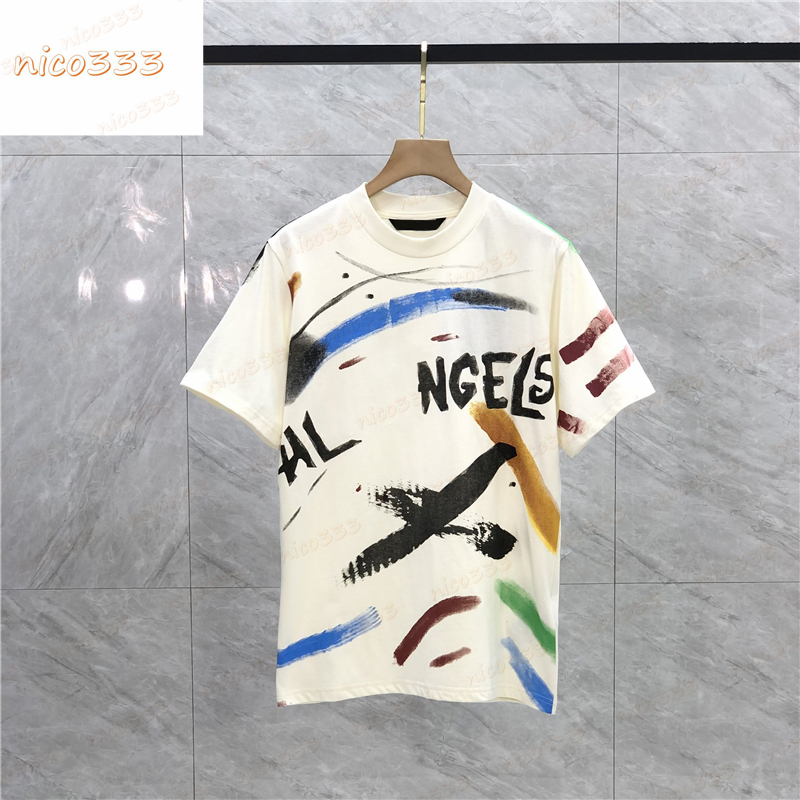 

23ss New t shirt hand painted graffiti letters printed pattern cotton round neck loose versatile street men and women short sleeved, #02
