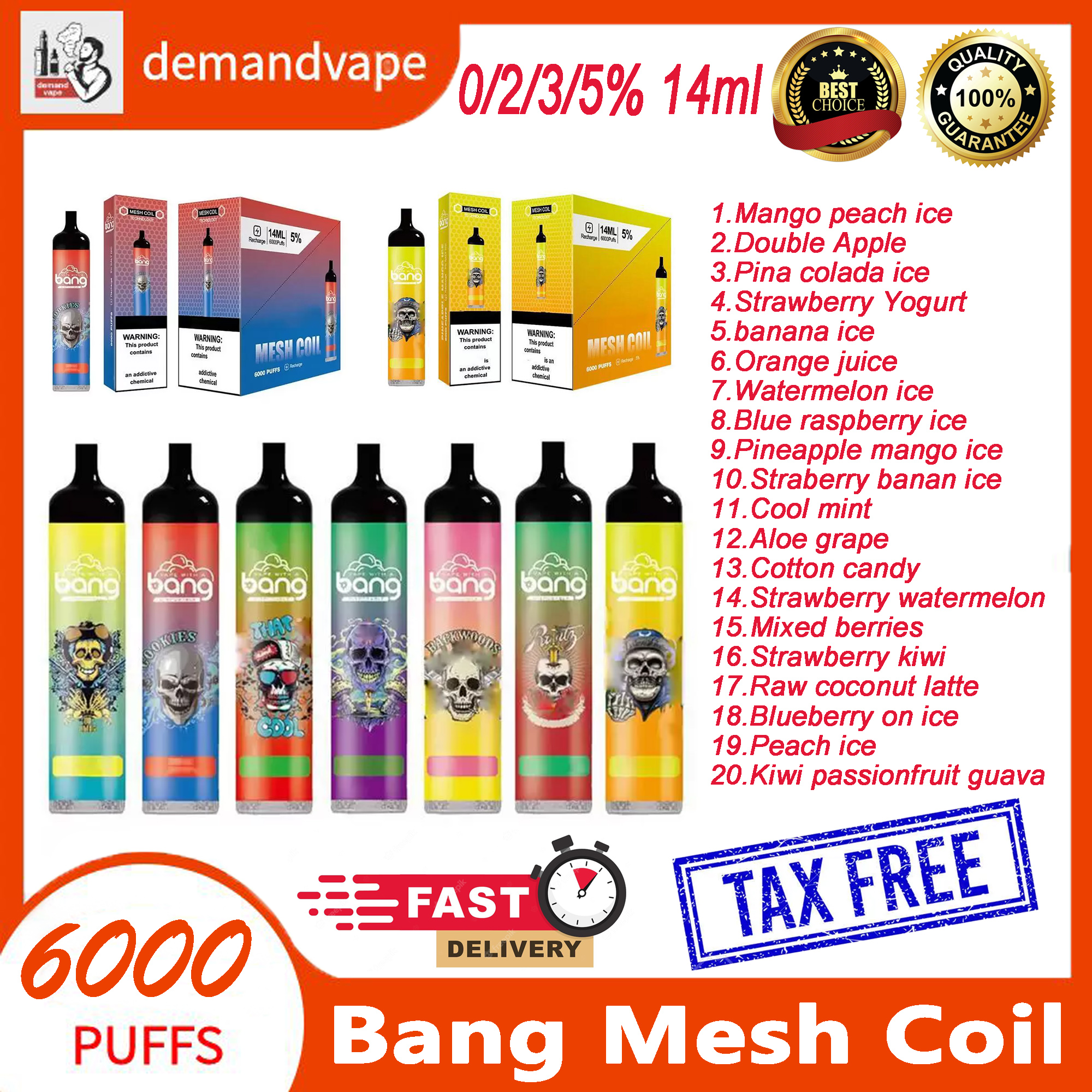 

Original Bang Mesh Coil 6000 Puffs Bars E Cigarettes Disposable Vape Pen 0% 2% 3% 5% Level In Stock 14ml Pre-filled Pods Cartridge 1100mAh Rechargeable Battery