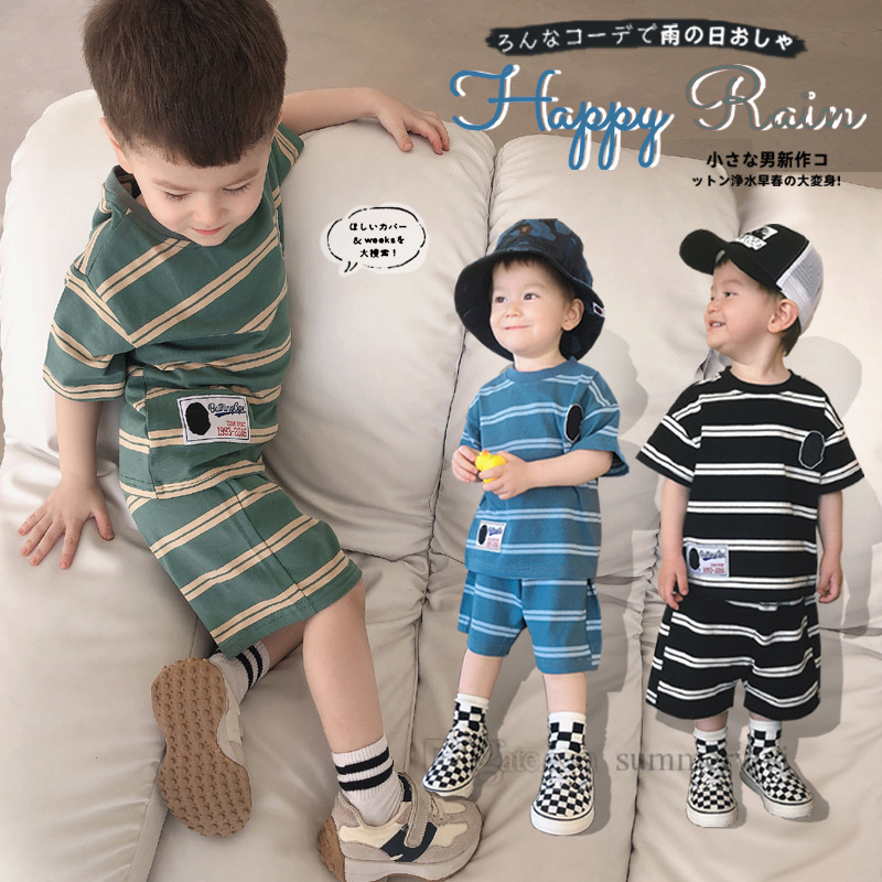 

Designer kids stripe clothes sets boys cartoon letter short sleeve T shirt loose shorts 2pcs children casual outfits Z1581, Black