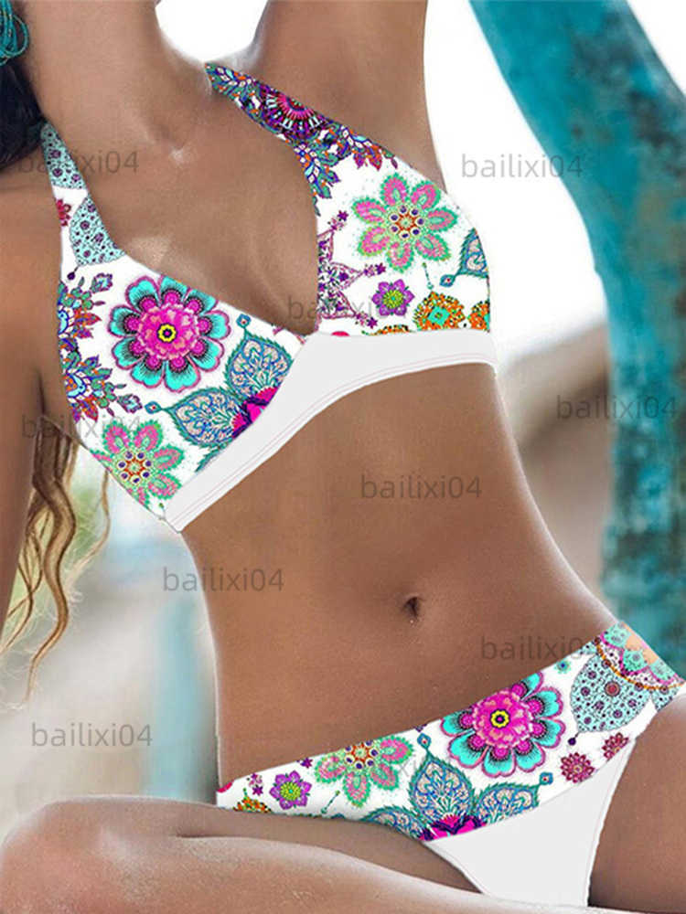 

Women's Swimwear Women Floral Halter Bikini Set Bohio Tie Swimsuit Mid Waisted Two Piece Bathing Suit 2023 Summer Beach T230417, Black