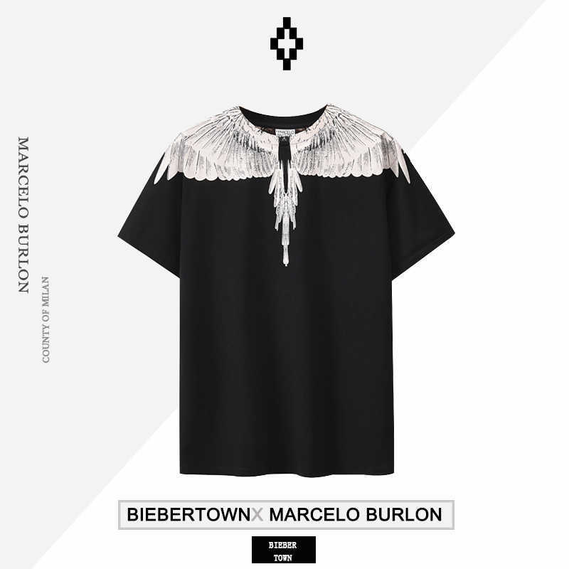 

Designer Marcelos Burlons Black and White Wing Short Sleeve Feather Print T-shirt Men's Women's Fashion UWCA, Black2