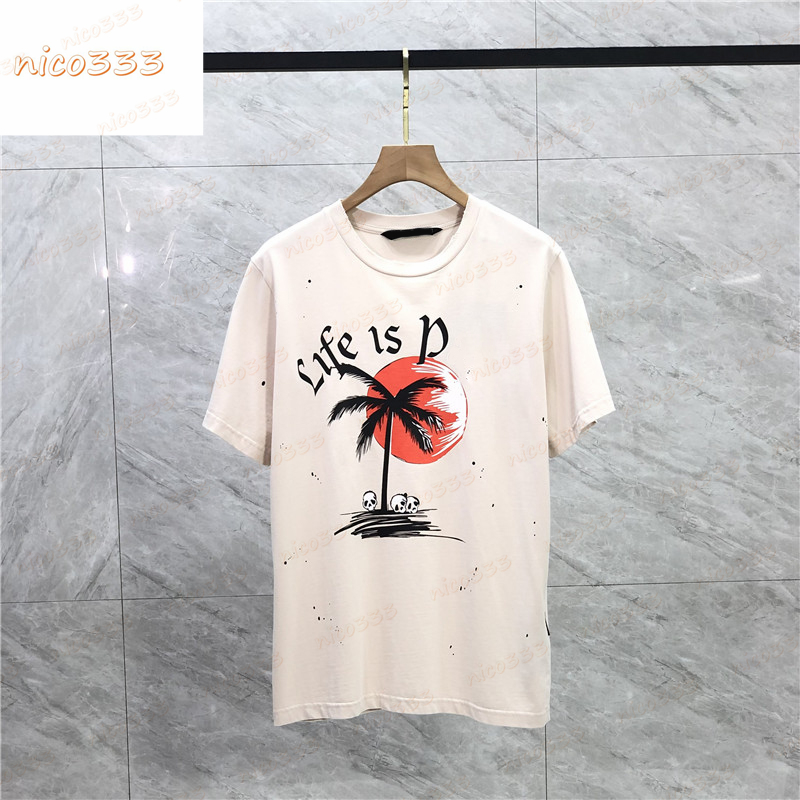 

23ss New t shirt sunrise coconut tree ink splash letter print cotton loose round neck hundred with street men and women short sleeve, #01