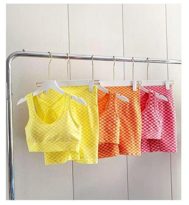 

LULUS New Chessboard Checker Yoga Suit Shockproof Tank Top Running Fitness Sports Bra Thin Breathable Set BCE