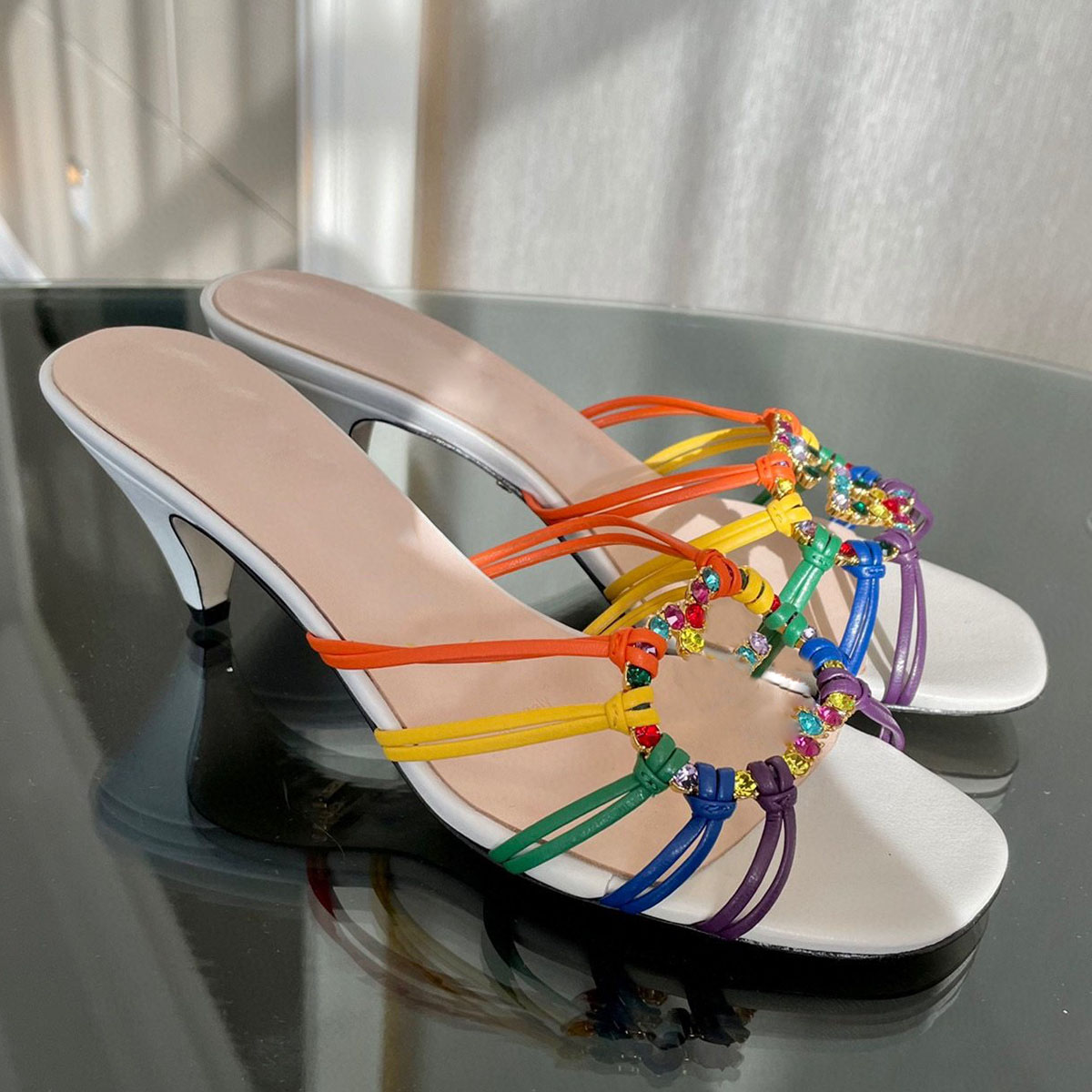 

Rhinestones Mule Slippers Slides Sandals heeled chunky block heels open-toe women's luxury designers Isla Leather outsole Evening shoes factory footwear, Color