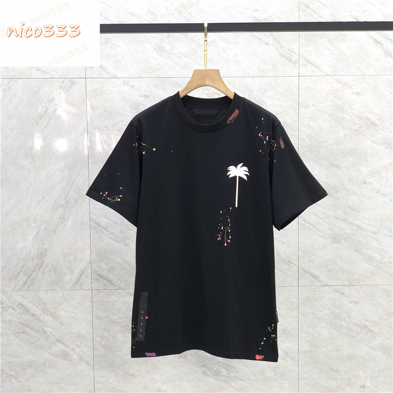 

23ss New t shirt ink splash coconut tree letters printed cotton loose round neck hundred with street men and women short sleeve, #01