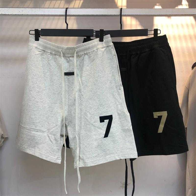 

ESS shorts Luxury Mens Designer FEARs OF GOD Main Line Season 7 Digital 7 Flocking Printed Mens Womens Drawstring Loose FOG Split Shorts casual short, Gray