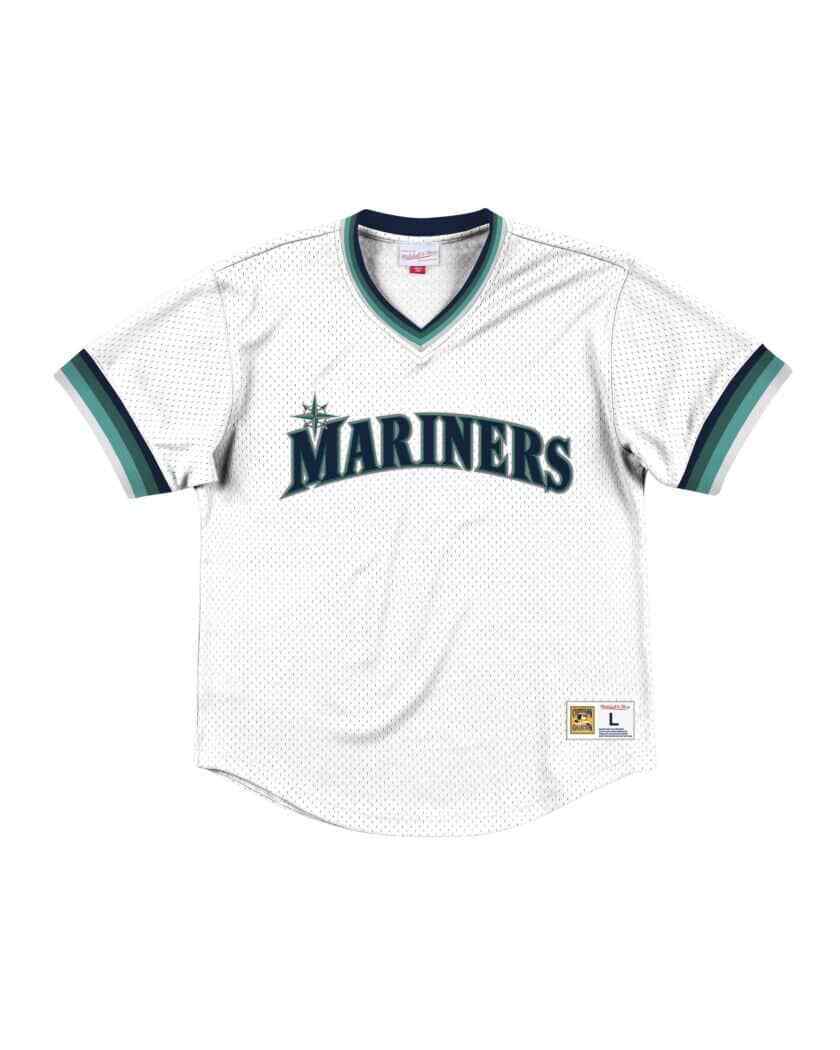

Mariners Mitchell Ness Seattle Cooperstown Mesh Batting V-Neck Baseball Jersey Blue White Size S-4XL, As pic
