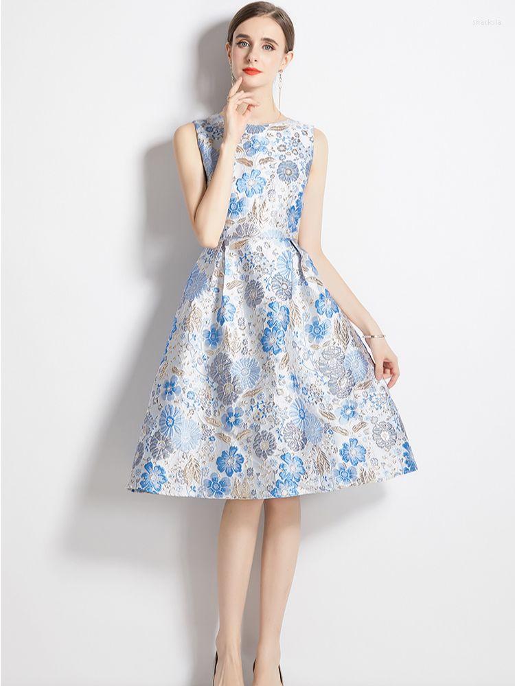 

Casual Dresses Jacquard Dress For Women 2023 Elegant High Waist Floral Sleeveless Vest Vintage Above Knee Mini Tank O-Neck Club, Mixed color