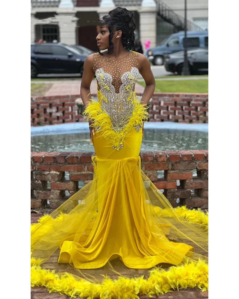 Yellow Sheer O-Neck Long Prom Dress Beaded Appliques For Black Girls, Birthday Party Dresses With Feathers Mermaid Evening Gowns Robe