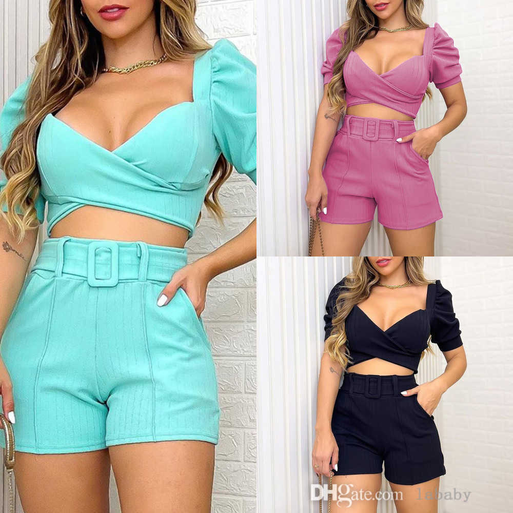 

Summer Tracksuit Women Designer Clothing Puff Sleeve Deep V-Neck Short Top High-Waist Shorts Solid Color Two Piece Set Women With Belt, Purple