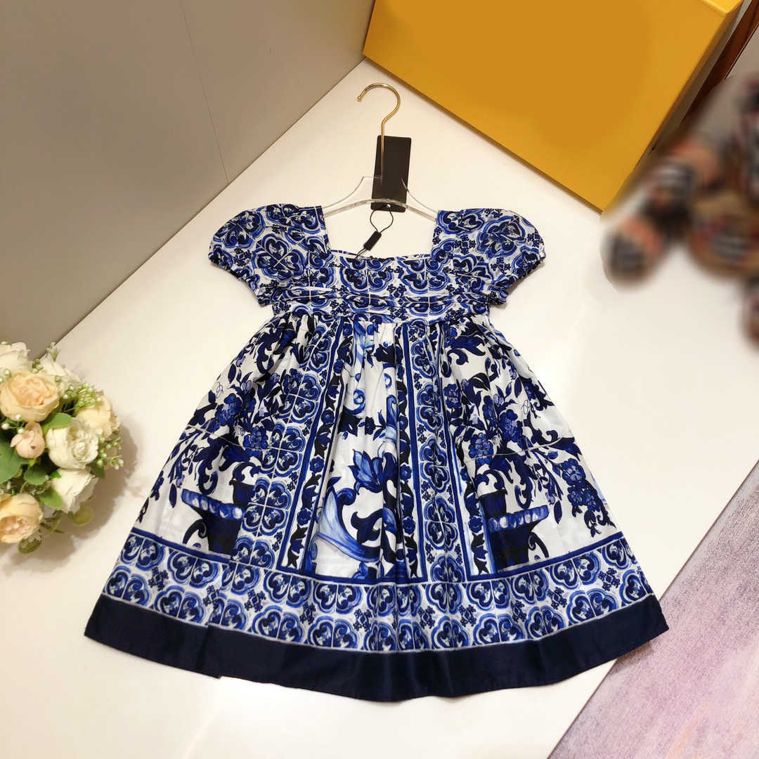

23ss Princess dress Short-sleeved dresses kids designer clothes girls Dress Blue and white porcelain printing Dresses big Girls skirts High quality kids clothes, 23