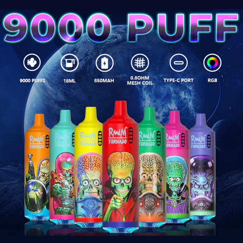 

RandM Tornado 9000 Puff Disposable E Cigarettes Disposable cigarrillos desechables 18ml Pre-filled 850mah Rechargeable Vape Battery Mesh Coil RGB light