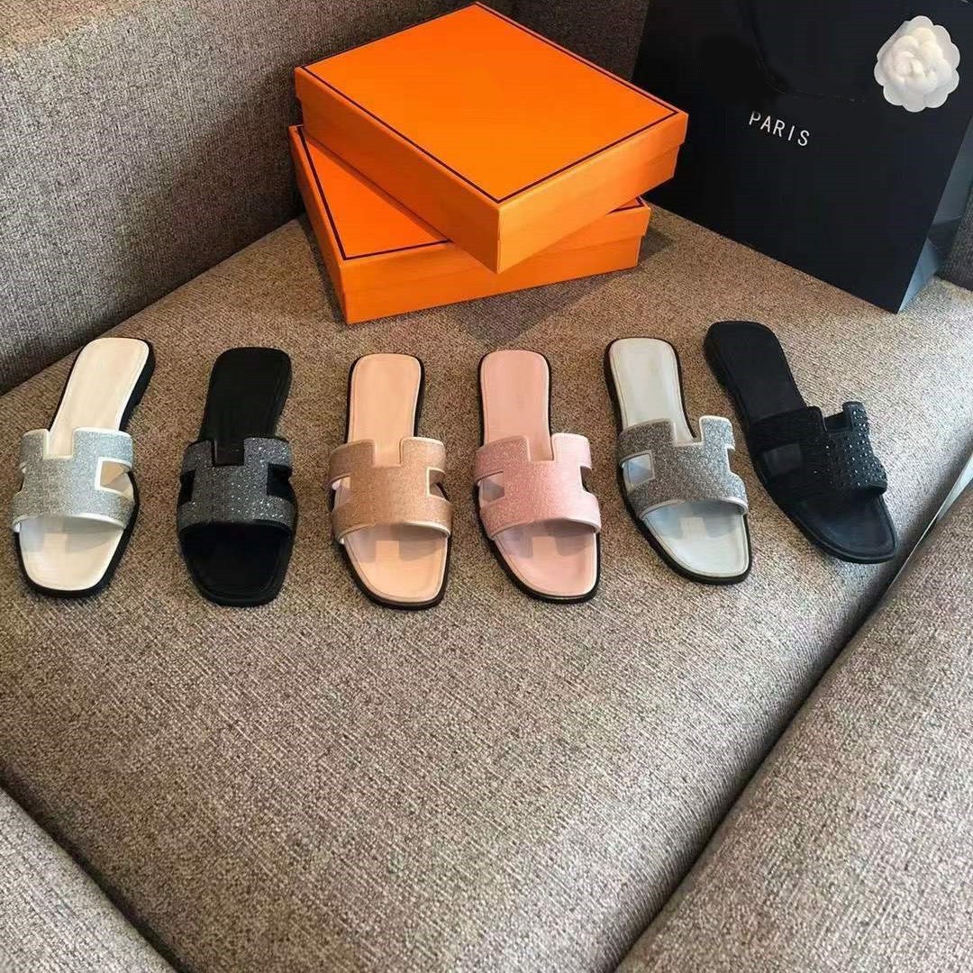 

3540 Luxury designer real leather ladies sandals summer flat shoes fashion beach women slippers H letter drag shoes designer shoes designer slippers famous sandals, Hms41333